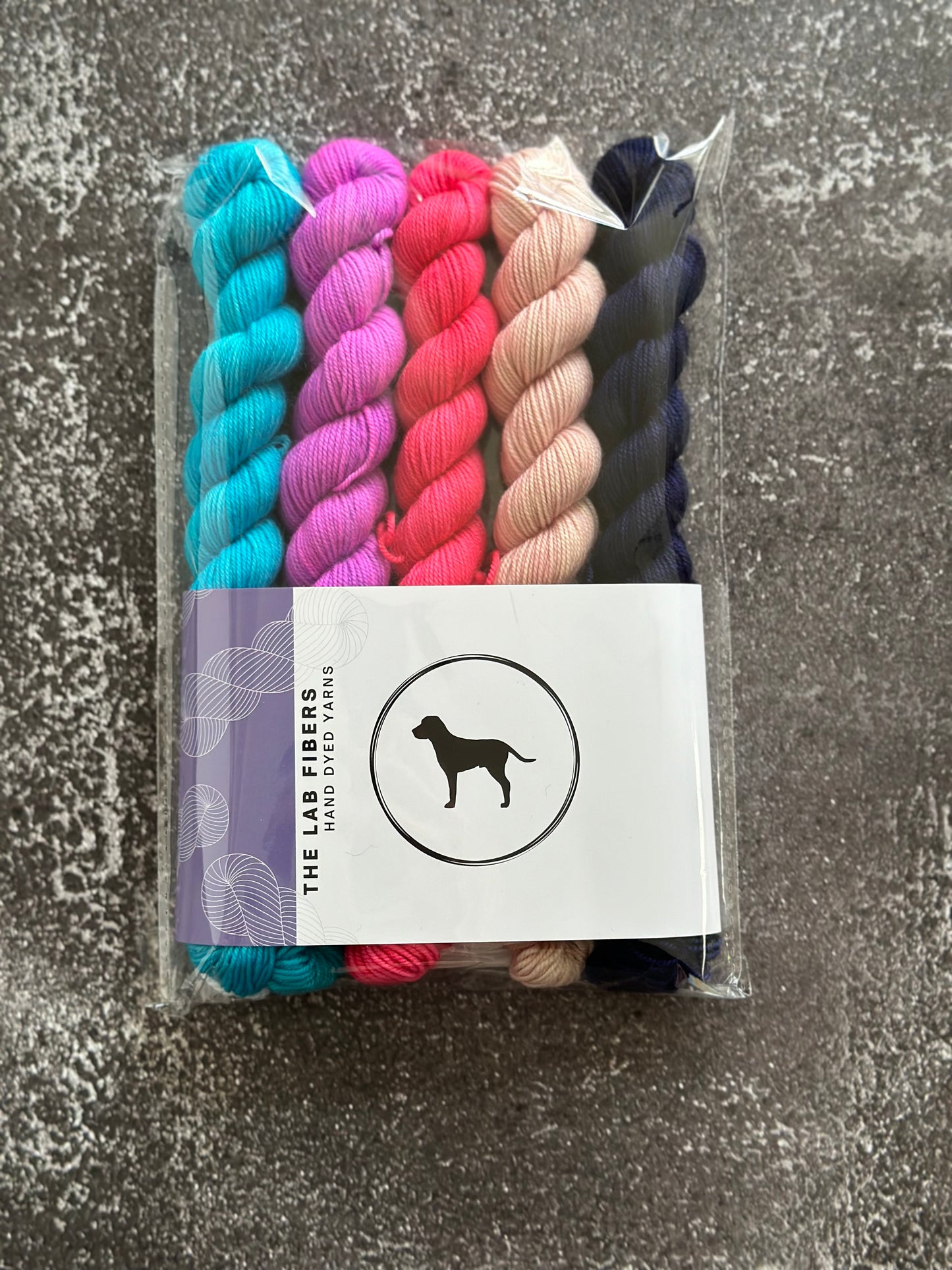 Bundle of 5 20 gram mini skeins - blue hawaiian, ultra violet berry haze, peach, twilight eclipse, 