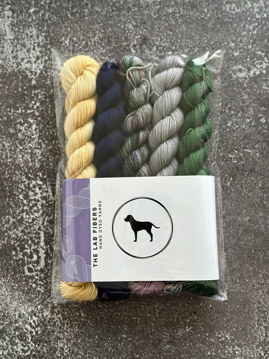 Bundle of 5 20 gram mini skeins - flax, twilight eclipse, enchanted forest, urban, moss