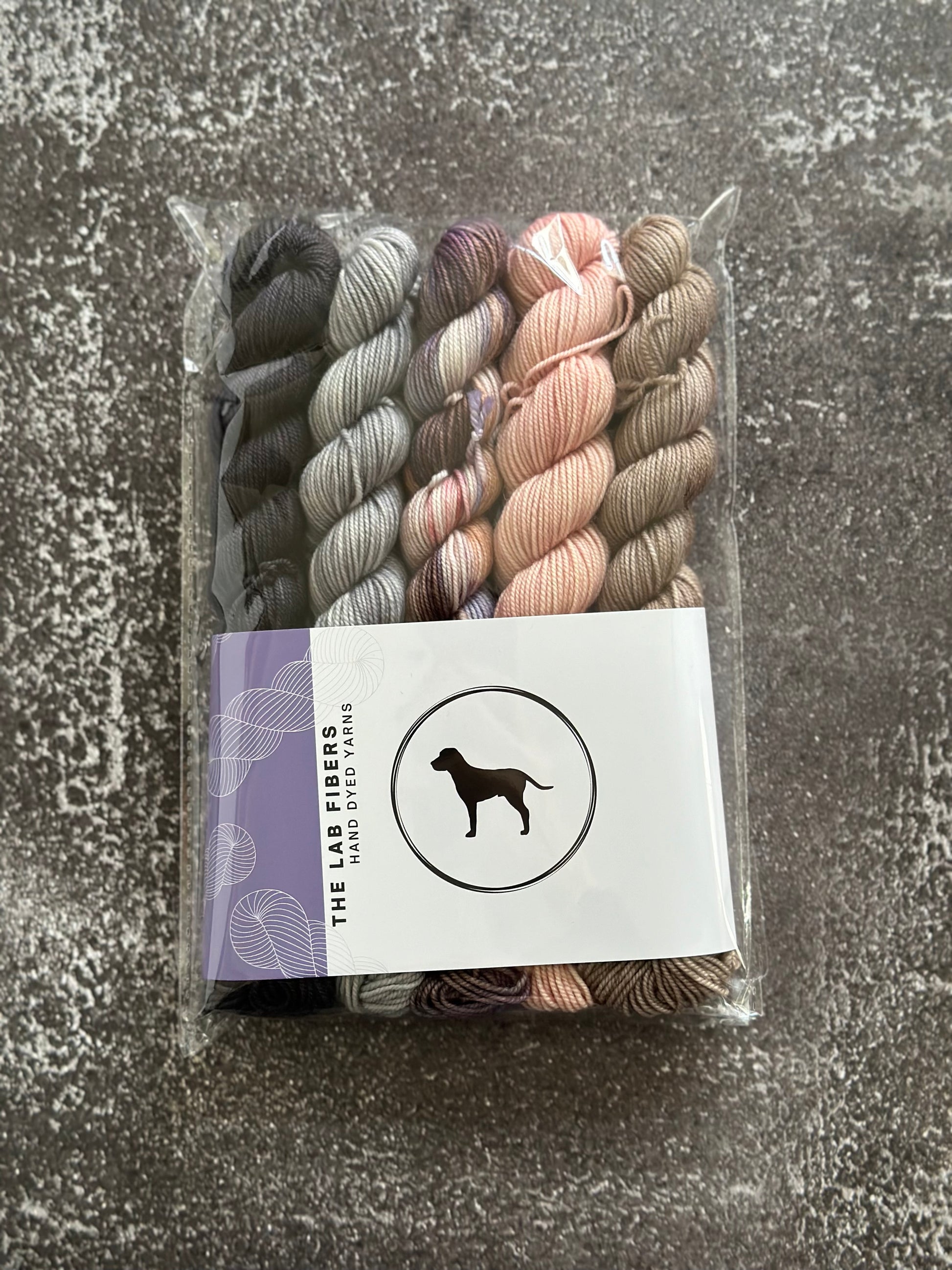 Bundle of 5 20 gram mini skeins - midnight, urban, applewood smoked, peach, nut brown hare