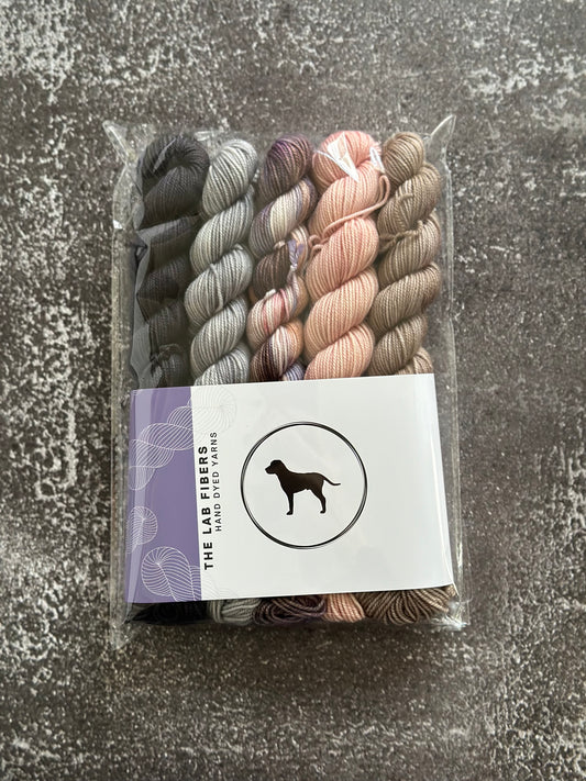 Bundle of 5 20 gram mini skeins - midnight, urban, applewood smoked, peach, nut brown hare