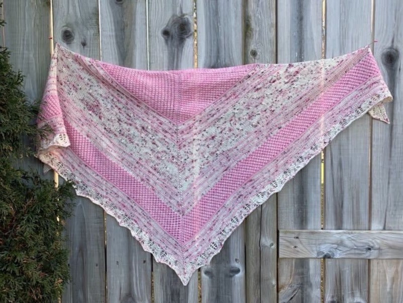 Winter Rose Shawl Knit using Flamingo and Sparklepop.