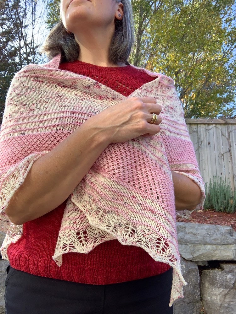 Winter Rose Shawl Knit using Flamingo and Sparklepop.