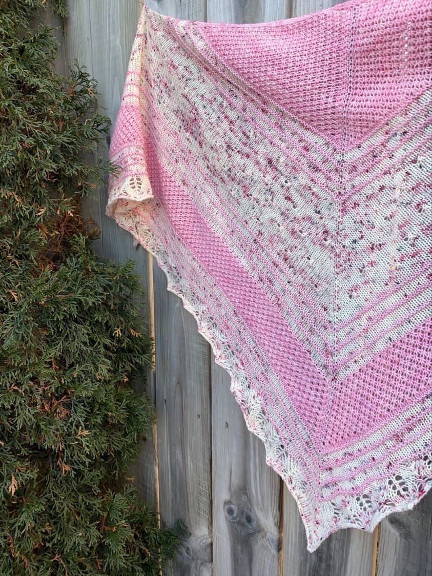 Winter Rose Shawl Knit using Flamingo and Sparklepop.