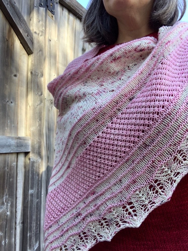 Winter Rose Shawl Knit using Flamingo and Sparklepop.
