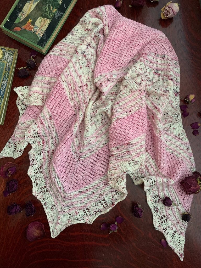 Winter Rose Shawl Knit using Flamingo and Sparklepop.